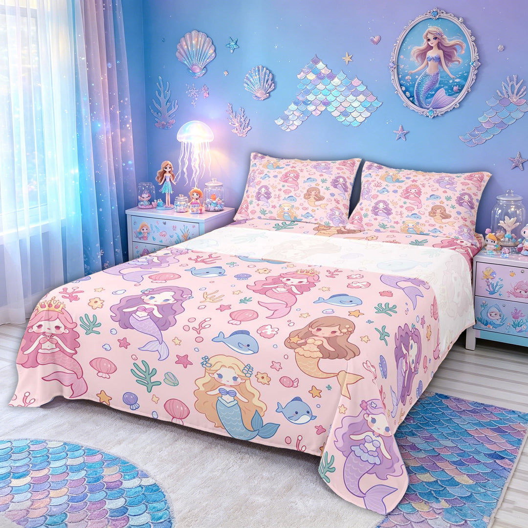 meiyoeat Kawaii Crown Mermaid Princess Bed Sheets for Kids Girls, Dolphin Star Coral Fairy Full Size Sheets, Pink Purple, Pink Reversible, 1 Flat Sheet, 1 Fitted Sheet and 2 Pillowcases