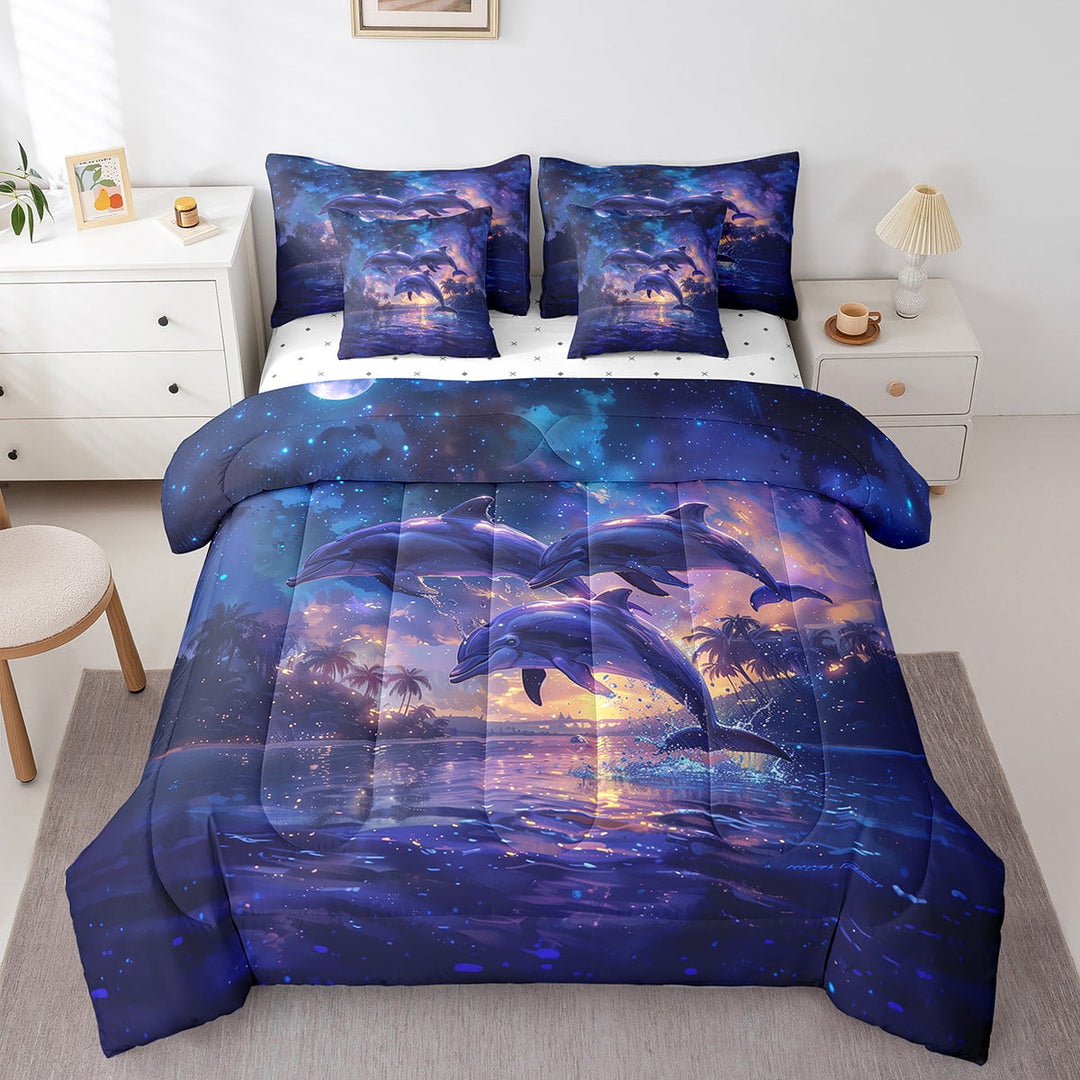 Purple Galaxy Dolphin Comforter Set Queen 7 Piece Palm Tree Coastal Beach Theme Bed in a Bag,Sea Life Ocean Animal Bedding Set with 2 Sheets,2 Pillowcases,2 Throw Pillow Covers