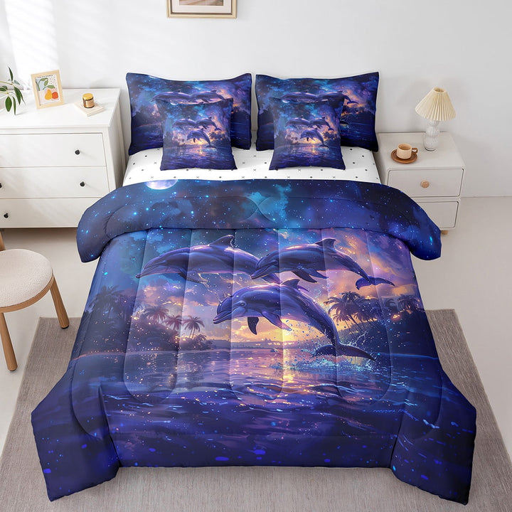 Purple Galaxy Dolphin Comforter Set Queen 7 Piece Palm Tree Coastal Beach Theme Bed in a Bag,Sea Life Ocean Animal Bedding Set with 2 Sheets,2 Pillowcases,2 Throw Pillow Covers