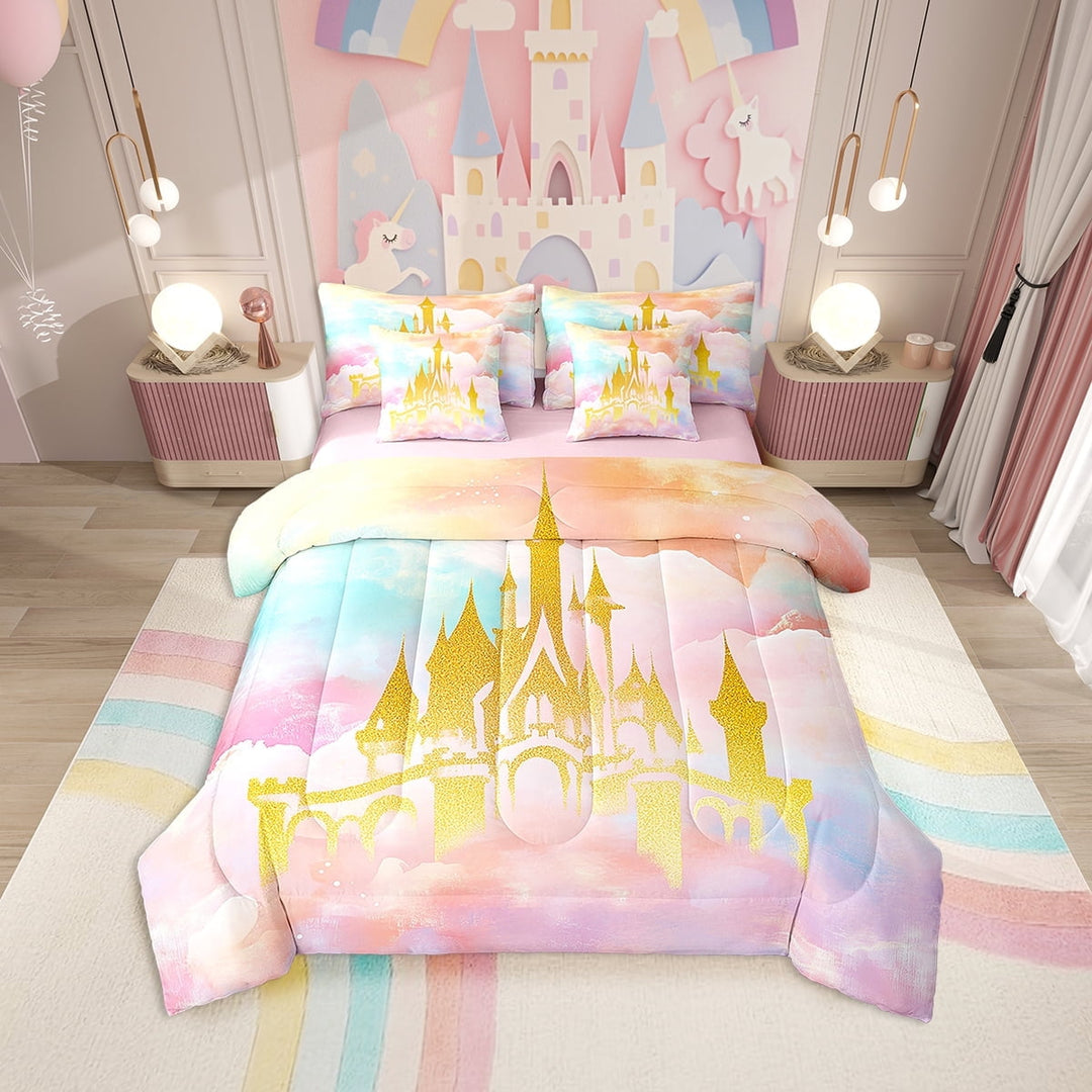 Erosebridal Golden Castle Print Bedding Twin Size, Dreamy Fairy Tale Bedding Sets Twin Size, Watercolor Room Decor, Reversible