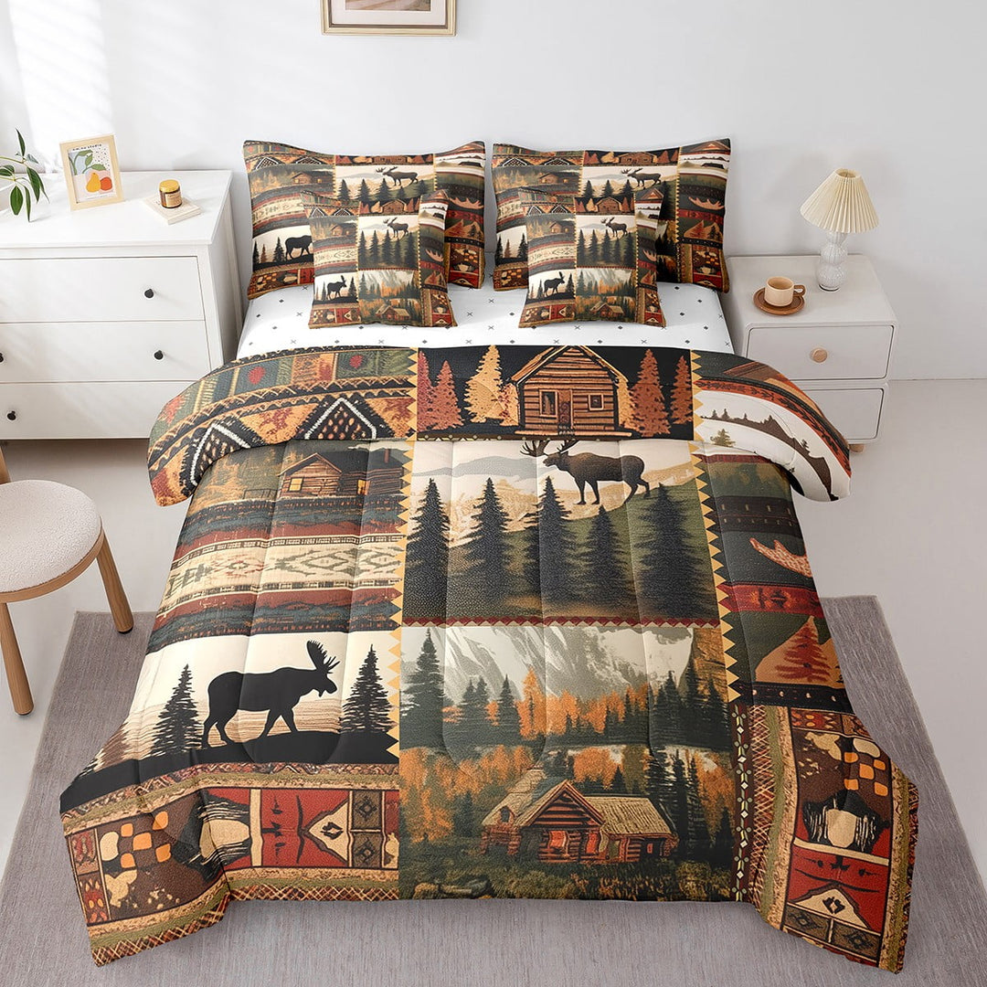7 Piece Rustic Moose Bed In A Bag Queen Farmhouse Cabin Lodge Bedding Set Country Woodland Animal Comforter Set Adults,Retro Pine Tree Mountain Sheet Set With Comforter