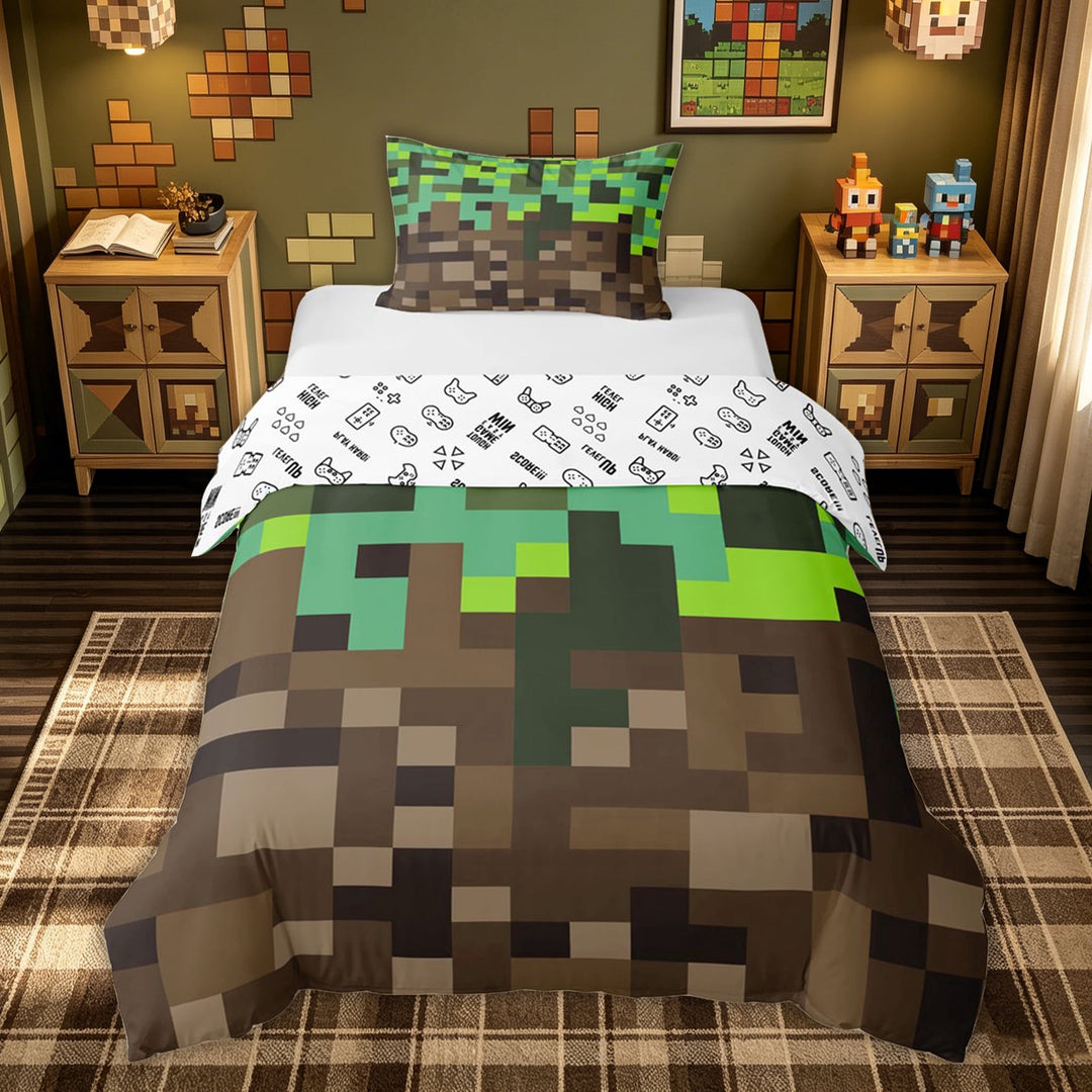 meiyoeat Vintage Grass Block Bedding for Kids, Game Pixel Terrain Duvet Cover Full for Bedroom, Green Brown, Gamepad Reversible, 3pcs