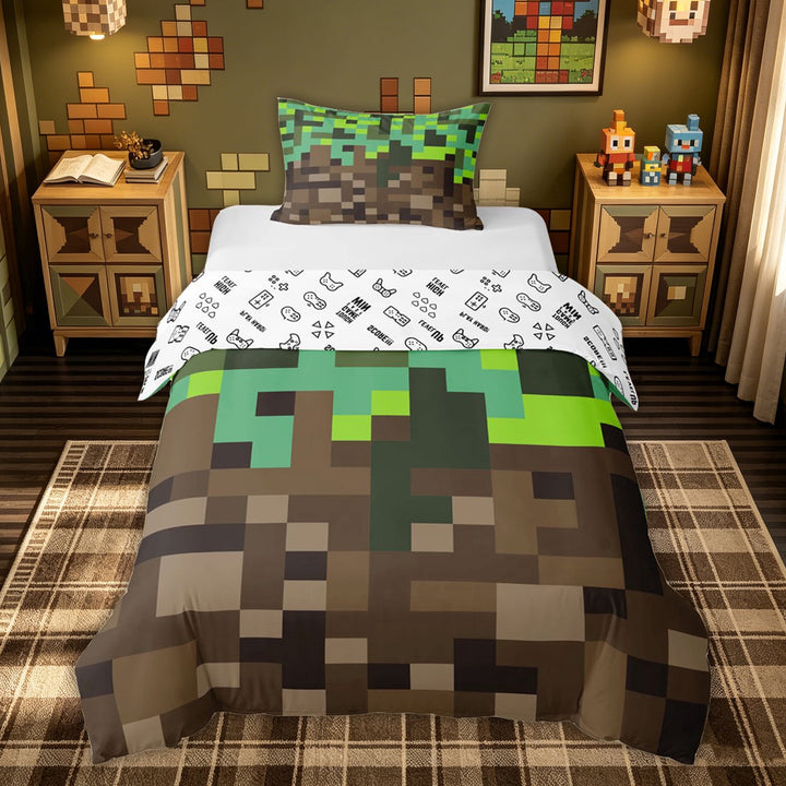 meiyoeat Vintage Grass Block Bedding for Kids, Game Pixel Terrain Duvet Cover Full for Bedroom, Green Brown, Gamepad Reversible, 3pcs