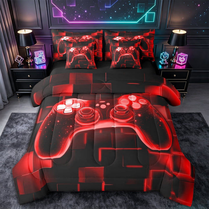 Erosebridal Boys 7Pcs Gamer Comforter Set Full,Gaming Bedding Comforter Set,Video Games Gamepad Red Bed In A Bag Full Size,Neon Glowing Square Geometric Grid Red Bed Sets With Comforter and Sheets