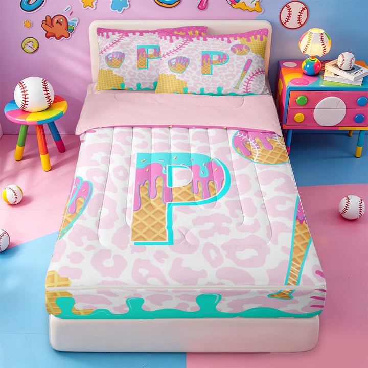 meiyoeat Ice Cream Initial P Alphabet Zipper Full Size Comforter Sets with Fitted Sheet and 2 Pillowcases,Watercolor Baseball Pink Leopard Animal Print Zipper Bedding Set,4-Piece