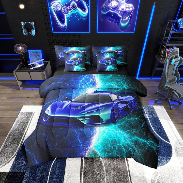 Erosebridal Car Theme Bedding Sets Twin Size 7-Piece, Sports Car Comforter Sets with Sheets Men, Lightweight