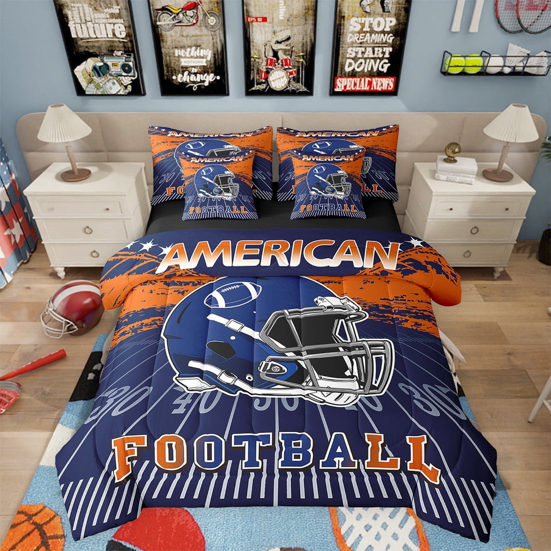 Erosebridal Football Comforter Set Twin 7 Pieces Rugby Ball Games Sport Arena Orange Navy Blue Bedding Set Sports Theme Bed in a Bag with Comforter