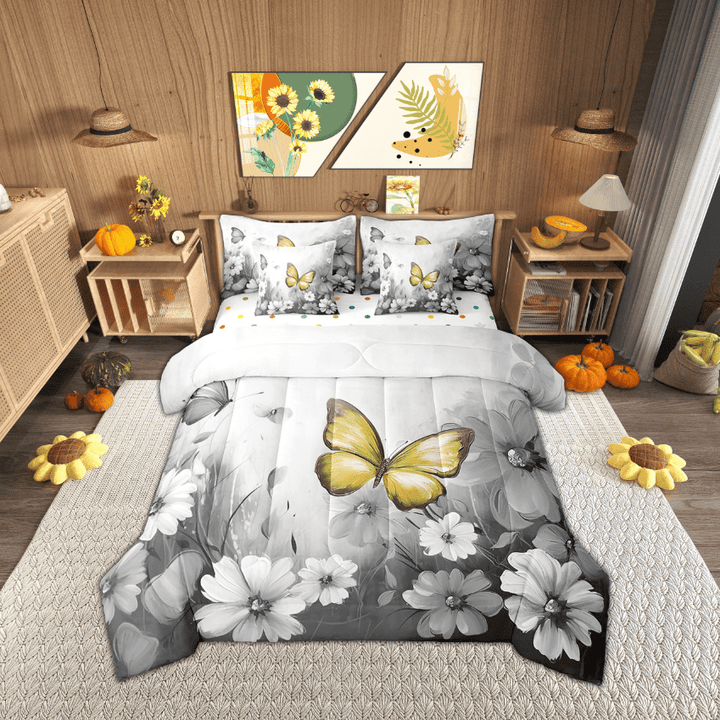 Butterfly Flowers Bed in a Bag Queen Comforter Set 7 Piece,Yellow Grey Ombre Art Oil Painting Floral Bedding Sets Rustic Aesthetic Animal Daisy Flower Sheet Set with Comforter