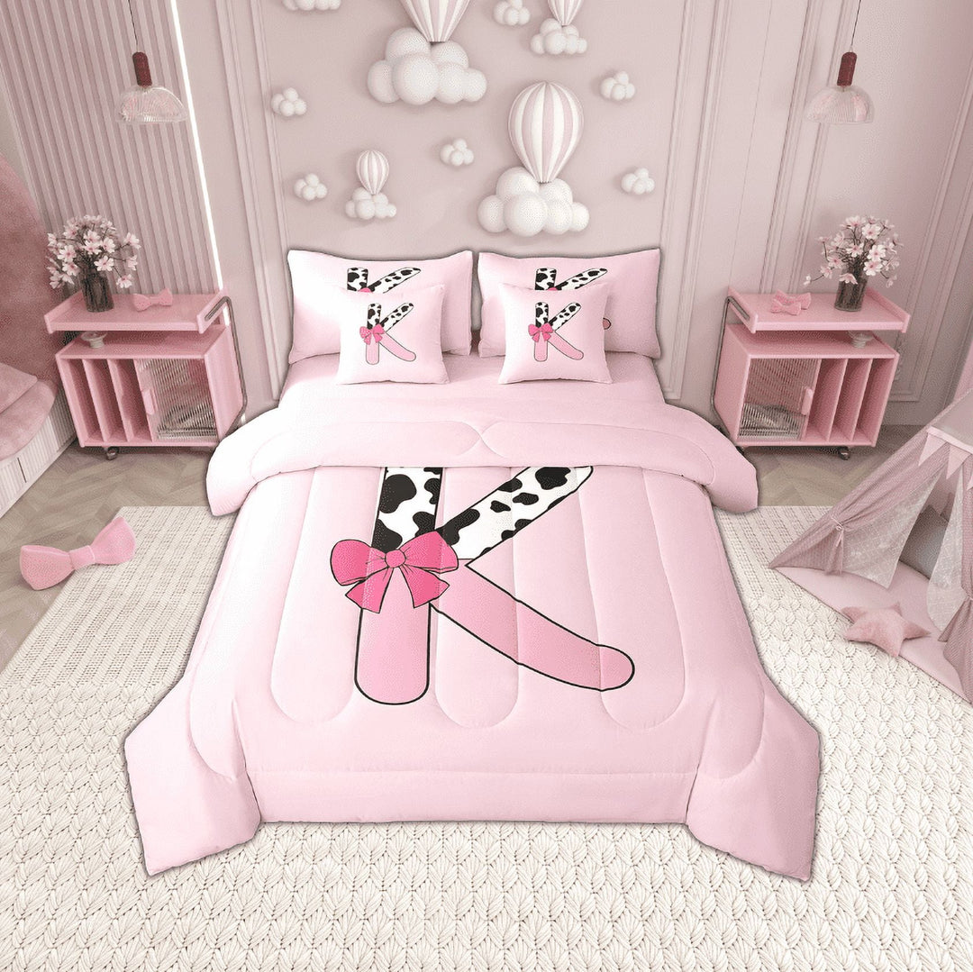 Erosebridal Monogrammed Letter Bedding Sets Twin Size,Cattle Print Comforter Sets with Sheets,Microfiber Reversible Bed in a Bag Twin size,Pink Bow Tie Decoration,7pcs