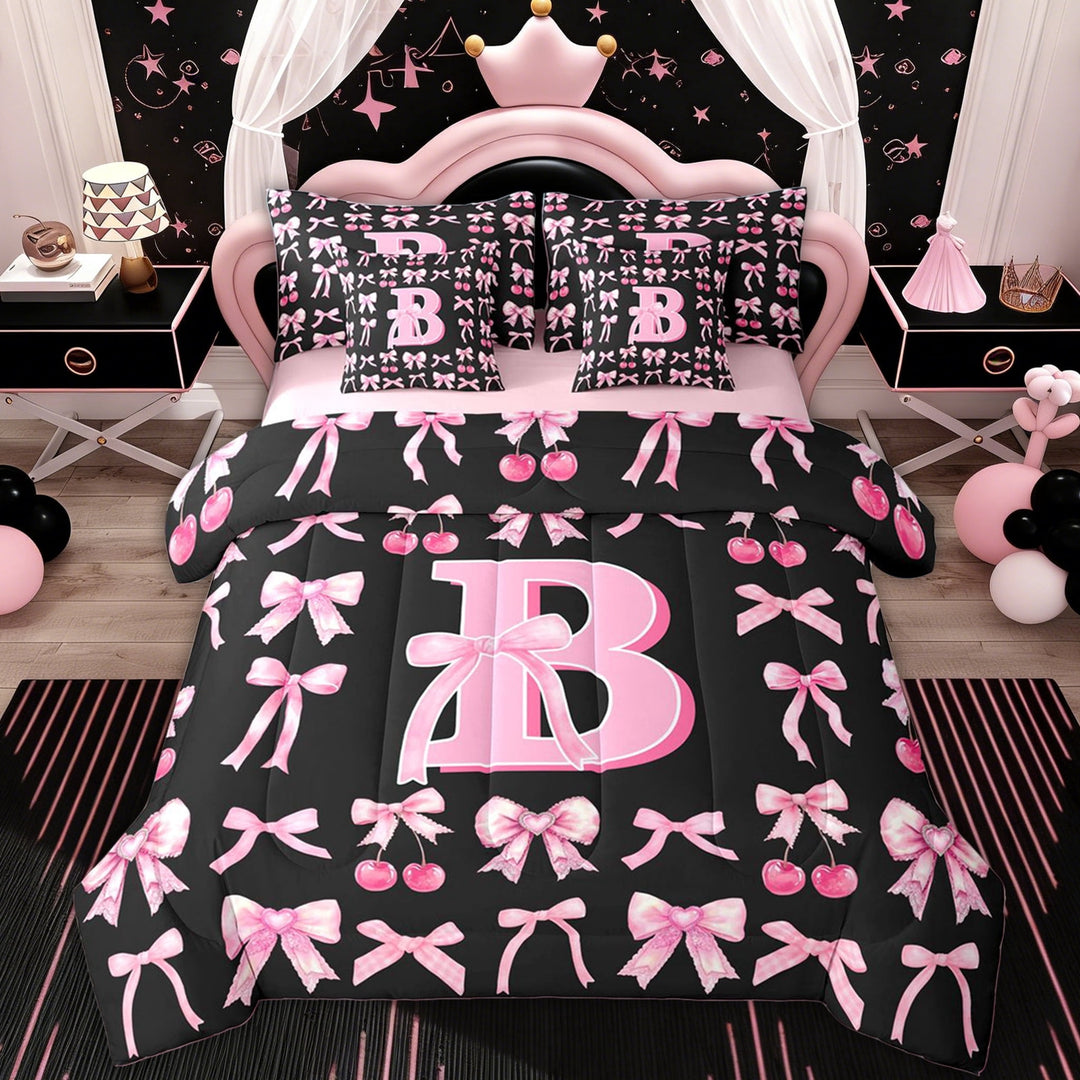 Erosebridal Initial B Twin Bedding Sets for Kids, Princess Bowknot Bedding Comforter Set, Pink Reversible, 7pcs