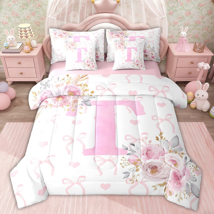 Erosebridal Kids Monogrammed Bed in a Bag Twin size, Girly Pink Rose Bed Set, Initial Letter T Decor, Pink Reversible 7pcs