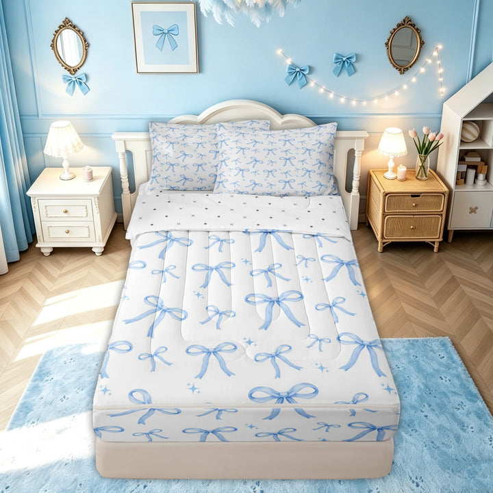 meiyoeat Kawaii Cartoon Bow Zipper Twin Comforter Sets with Fitted Sheet and 2 Pillowcases for Kids Boys Girls, Blue Cute Bow-tie Zipper Bedding Set, Reversible, 4pcs