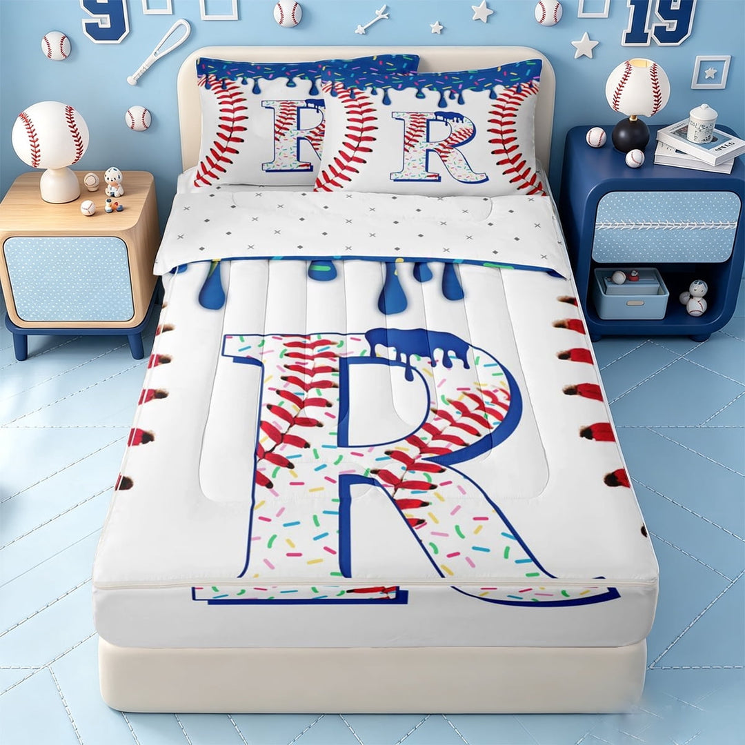 meiyoeat Baseball Ball Sports Zipper Full Size Comforter Sets with Fitted Sheet and 2 Pillowcases For Boys,Personalized Monogrammed R Design Zipper Bedding Set,Reversible,4 Pieces