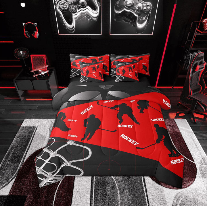 Erosebridal Ice Hockey Sports Bedding Twin Size, Stripes Bed in a Bag Twin size, Black Red, Reversible 7-Piece