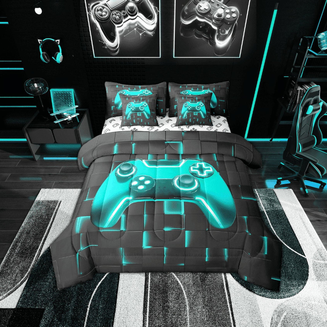Erosebridal Gradient Gamepad Bed in a Bag Twin Size, Neon Cyan Futuristic Cubes Bed Set, Game Room Decoration, Reversible 7 Pieces