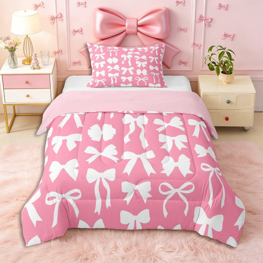 Erosebridal Girls Cartoon Bowknot Twin Comforter Sets 3-Piece,Dreamy Princess Bow Bedding Set for Teens Women,Pink Reversible,Breathable Home Decor