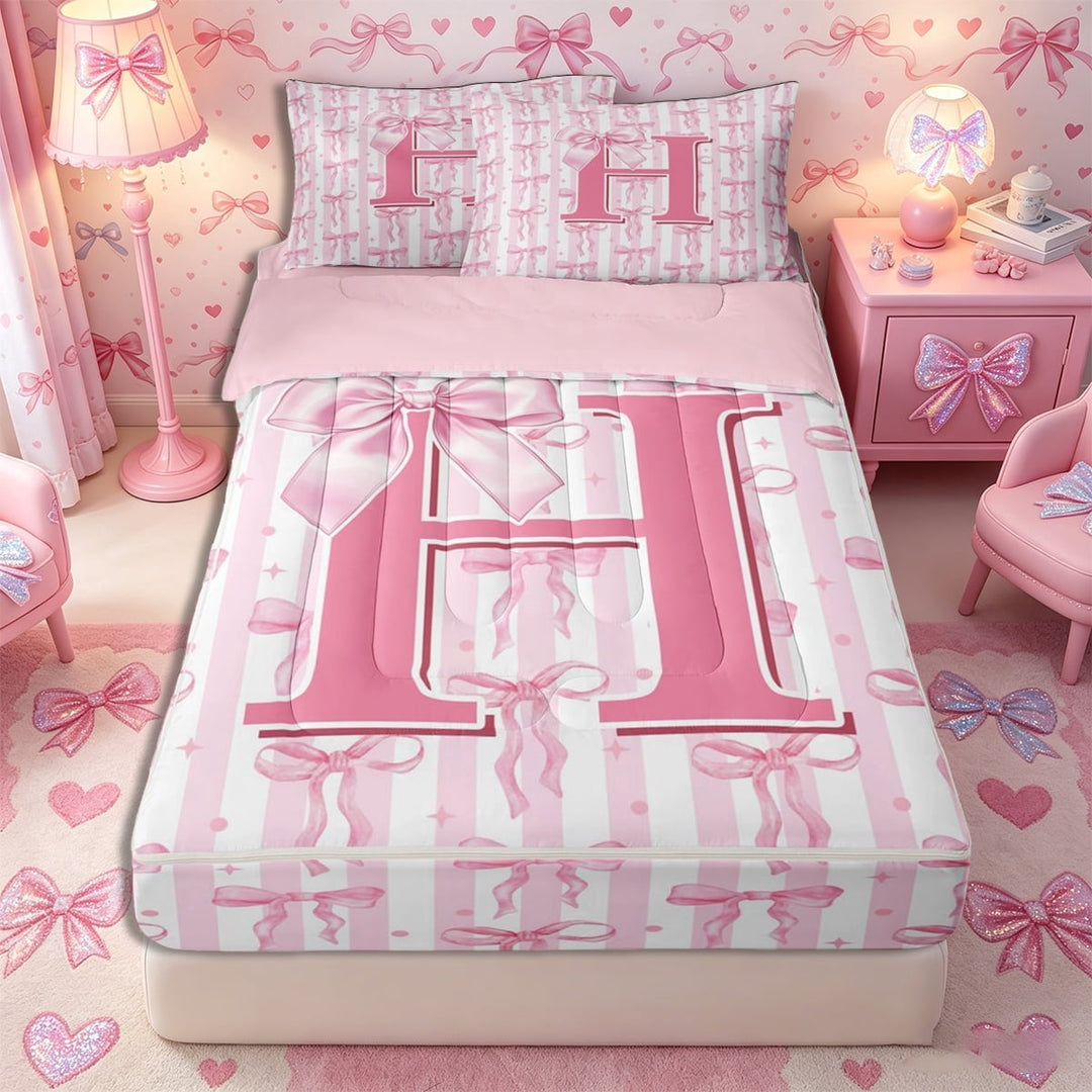 Meiyoeat Girly Bow Letter H Zipper Twin Comforter Sets with Fitted Sheet and 2 Pillowcases for Girls Adults, Cute Stripe Zipper Bedding Set for Decor, Light Pink White,4-Piece,Pink Reversible
