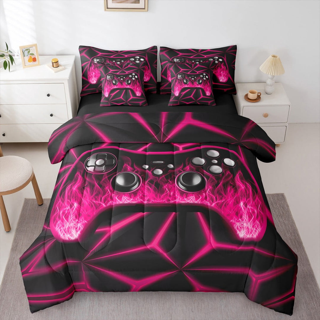 Erosebridal Gaming Bedding Twin Size 7-Piece , Abstract Lines Bed Set, Black Hot Pink, Reversible