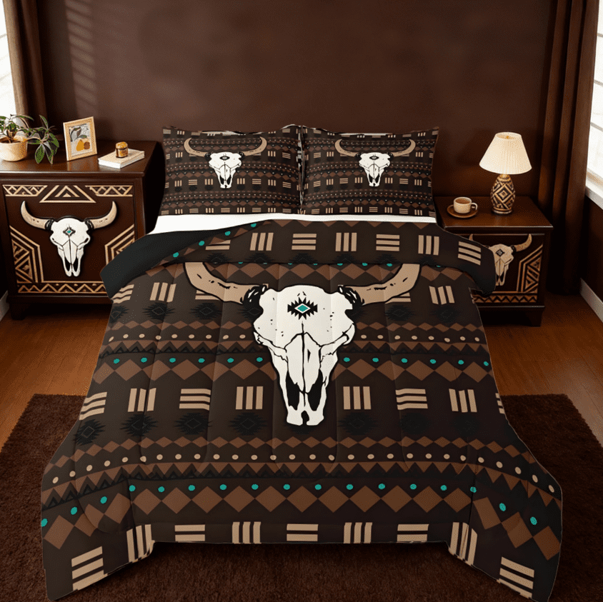 Manfei Bull Skull Full Size Comforter Sets,Boho Aztec Bedding Sets For Boys Men,Western Cowboy Native Ethnic Horns Reversible 3-Piece