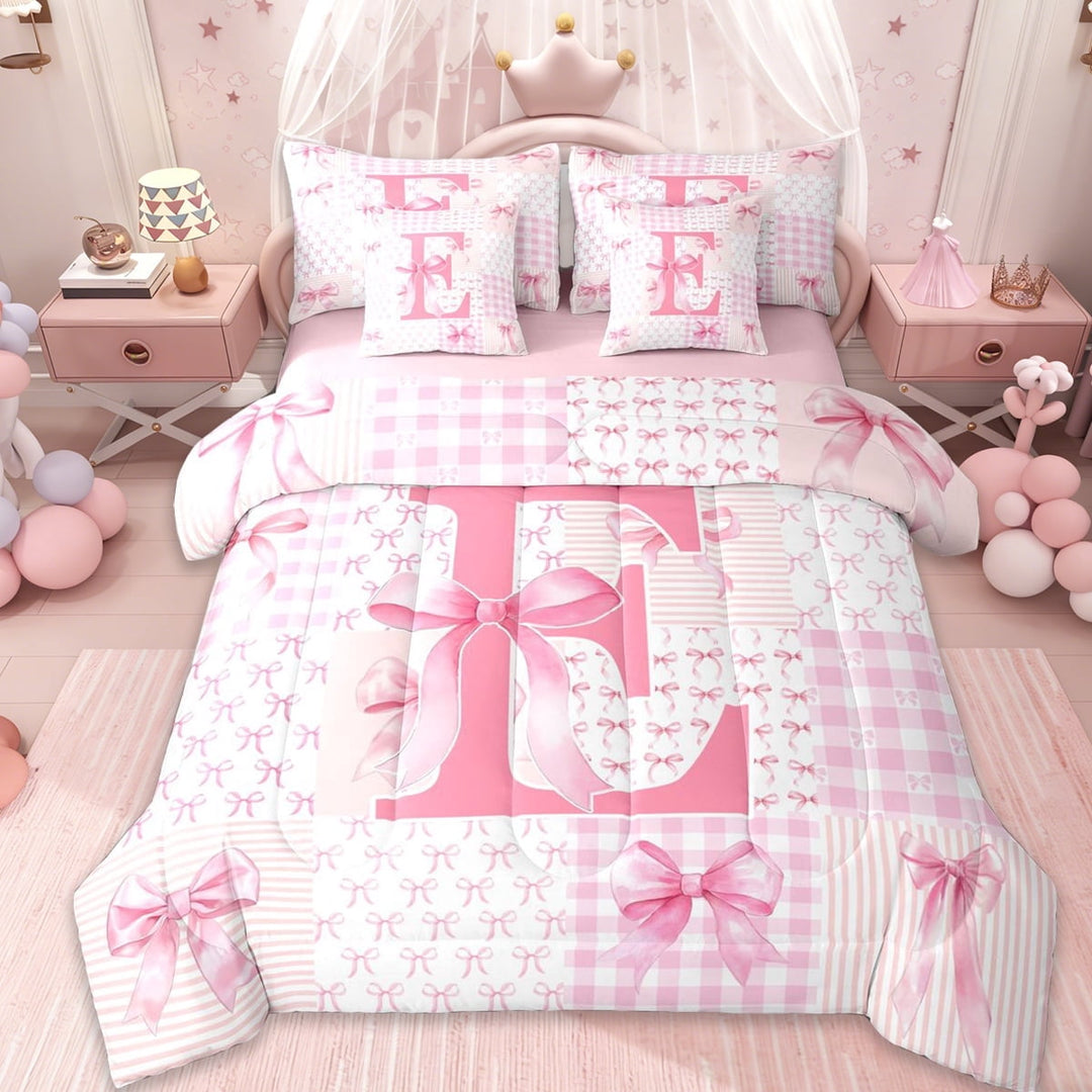 Erosebridal Pink Initial Letter E Kids 7-Piece Twin Bedding Sets,Geometric Checkered Cute Bows Bedding Comforter Set For Girls,Pink Reversible