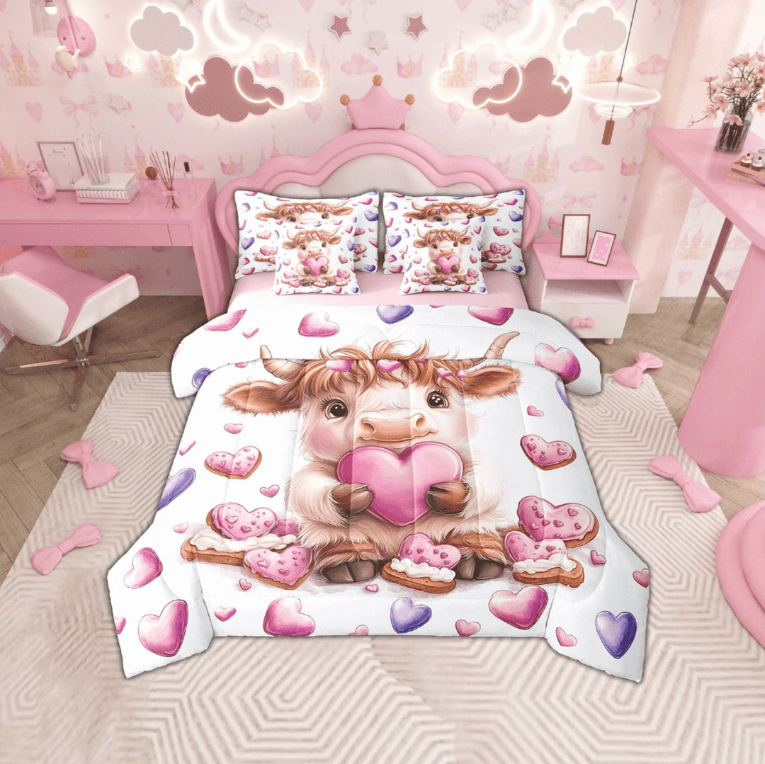 Erosebridal Cartoon Highland Bull Bedding Sets Twin Size, Pink Purple Love Heart Print Comforter Sets with Sheets, Reversible 7-Piece
