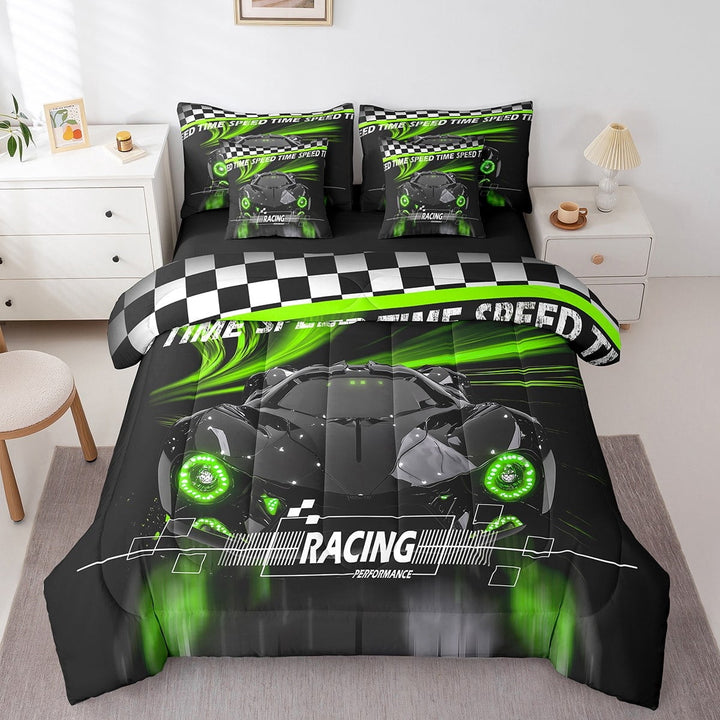 Erosebridal Racing Car Bedding Sets Twin Size,Geometric Plaid Comforter Sets with Sheets,Black Green Bed in a Bag Twin size,Super Cozy Sport Bedroom Decorative,Reversible,7pcs