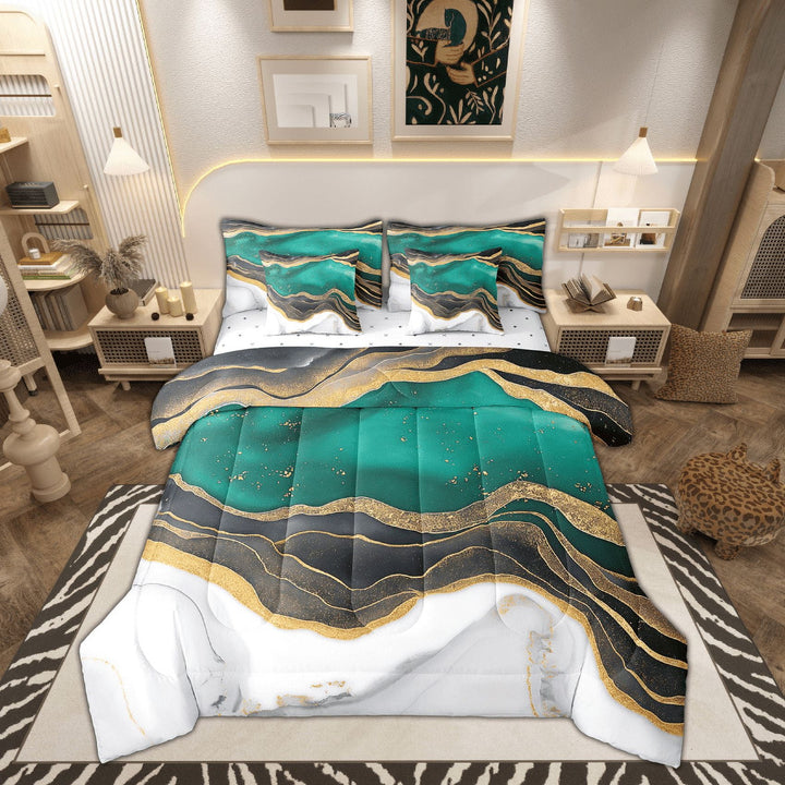 Black Green White Bed in a Bag 7pcs Watercolor Marble Bedding Set, Abstract Marbling King Size Comforter Set Aesthetic Foil Print Bedding Comforter Sets, Gold Metallic Bed Set