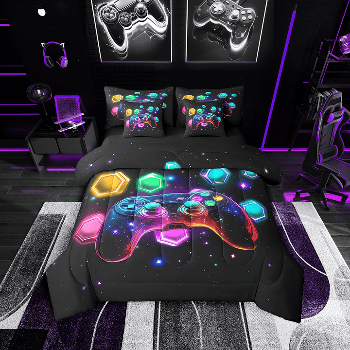 Erosebridal Game 7Pcs Comforter Set Queen,Novelty Game Console Bedding Set,Space Universe Gamer Blue Gaming Boys Bed In A Bag,Neon Light Ombre Geometric Sheet Set Blue Gamepad Bedroom Decor Bed Set