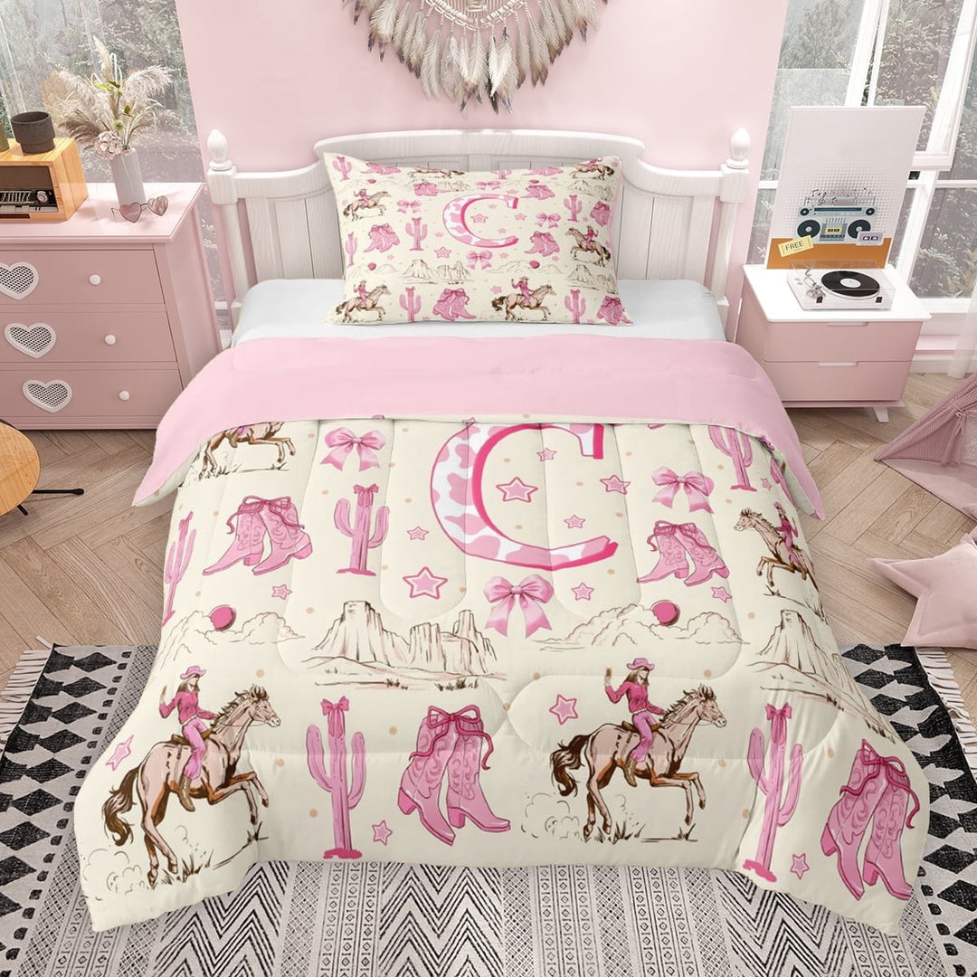Erosebridal Western Cowgirl Twin Comforter Sets for Girls, C Letter Bedding Set, Pink Reversible, 1 Comforter and 1 Pillowcase