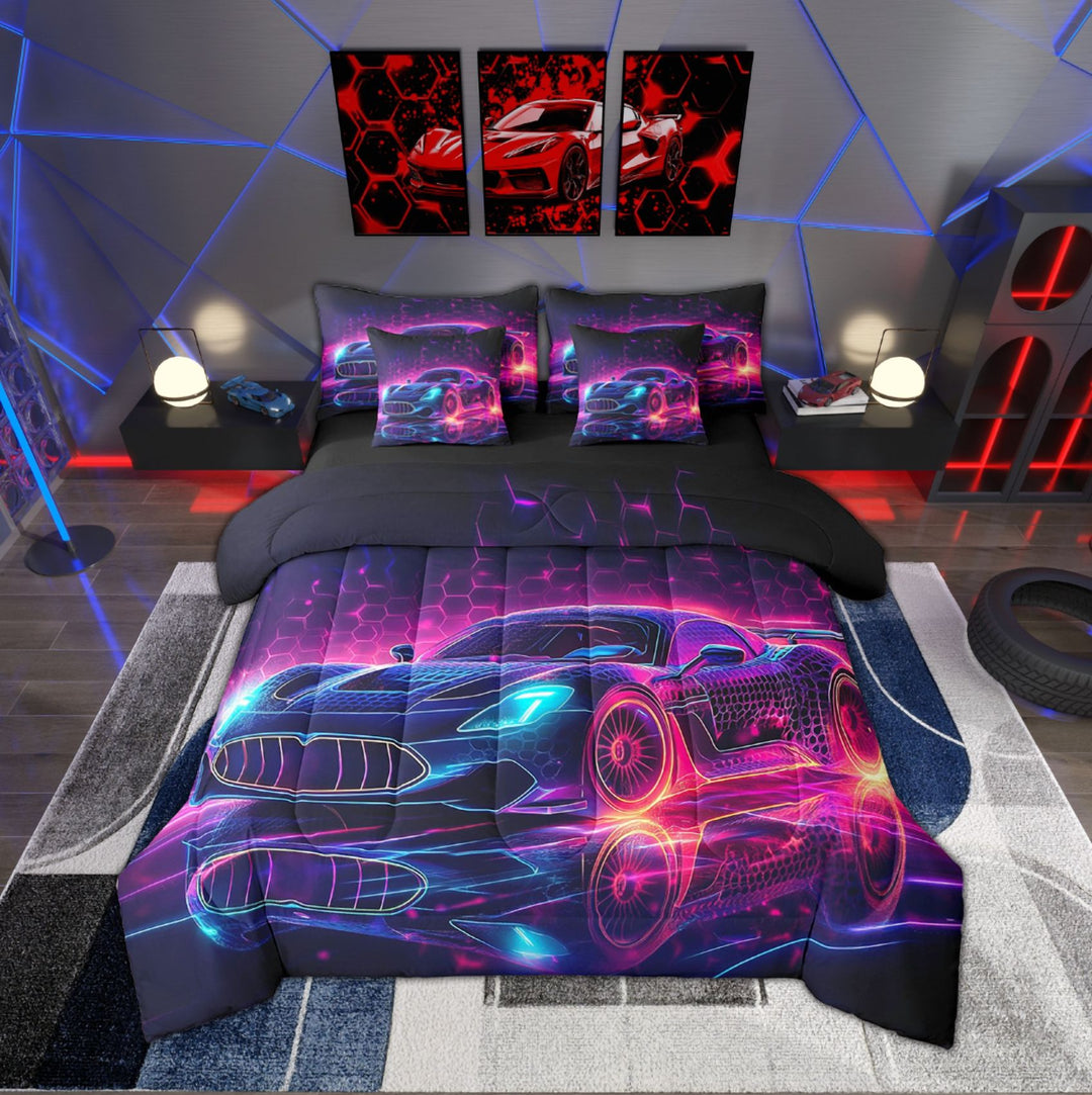 Geometric Car Bedding Set Twin Neon Honeycomb Race Car Comforter Set With Sheets Teen Blue Purple Sports Car 7 Piece Bed In A Bag Extreme Sports Games Bed Set