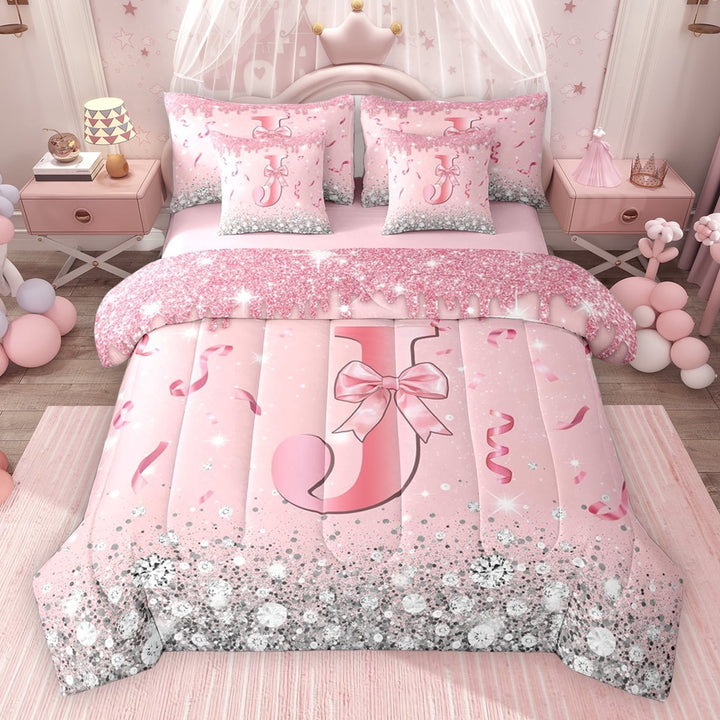 Erosebridal Dreamy Glitters Print Twin Bedding Sets for Girls, Pink Bling J Letter Bedding Comforter Set, Pink Reversible 7-Piece
