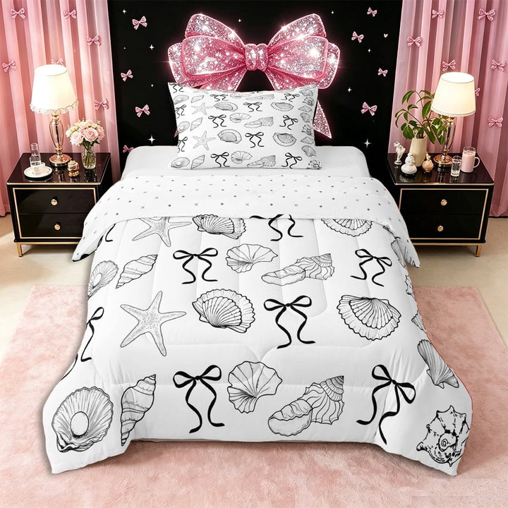 Erosebridal Teens Princess Ribbon Bowtie Twin Comforter Sets 3-Piece,Girls Sea Starfish Seashell Bedding Set,Microfiber Bedroom Decor