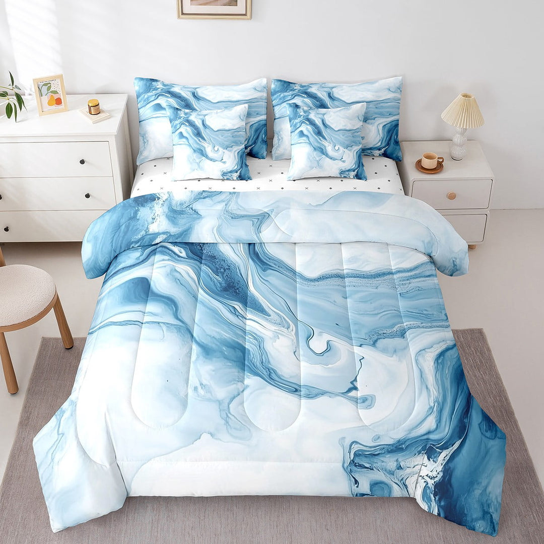 Abstract Marble Bed In A Bag With Sheets Light Blue Marble Grain Twin Comforter Set 7 Piece For Men Women,Bronzing Sequins Stone Grain Bedding Set,Tie Dye Marbling Bed Set