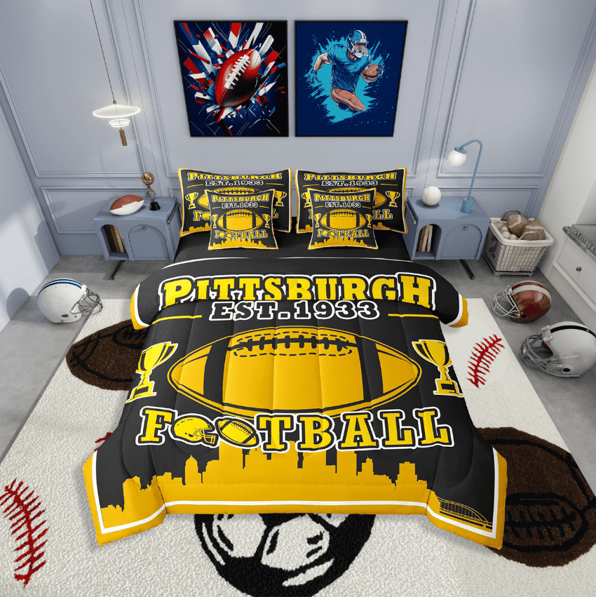 Erosebridal American Football Bedding Sets Twin Size,Sport Theme Comforter Sets with Sheets,Ball Game Decor(Pittsburgh),Reversible,Lightweight,7-Piece