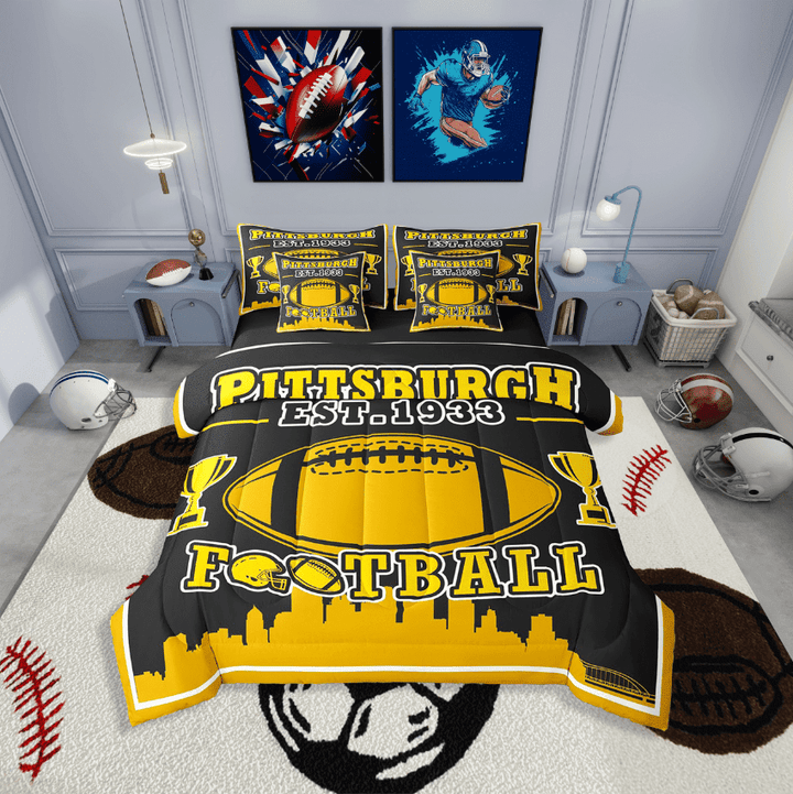 Erosebridal American Football Bedding Sets Twin Size,Sport Theme Comforter Sets with Sheets,Ball Game Decor(Pittsburgh),Reversible,Lightweight,7-Piece