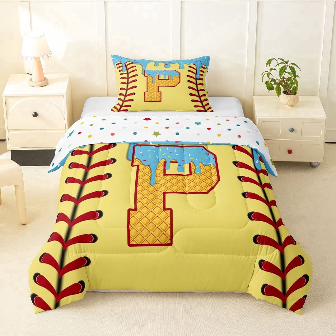 Erosebridal Light Blue Dripping Baseball Stitch &amp; Waffle Letter P Graphic Twin Comforter Sets 3-Piece, Alphabet Graphic Bedding Set for Boys And Girls Kids,Ultra Soft Home Decor