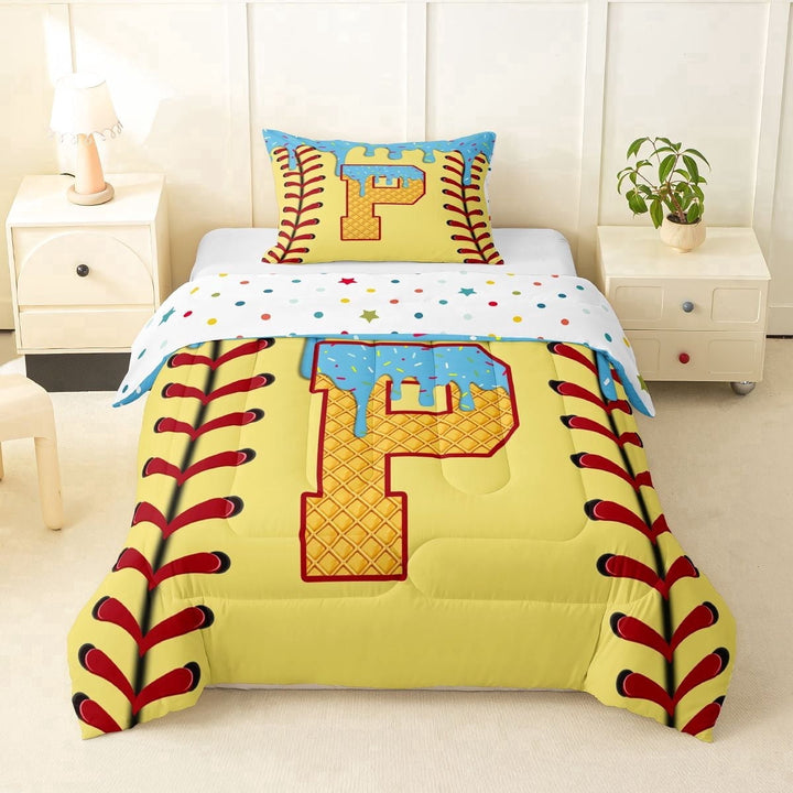 Erosebridal Light Blue Dripping Baseball Stitch &amp; Waffle Letter P Graphic Twin Comforter Sets 3-Piece, Alphabet Graphic Bedding Set for Boys And Girls Kids,Ultra Soft Home Decor