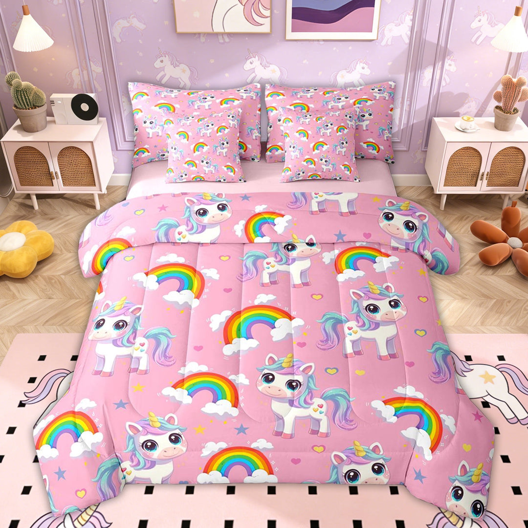 Erosebridal Kawaii Unicorn Kids Twin Bedding Sets, Rainbow Cloud Bedding Comforter Set, Pink Reversible, 7pcs