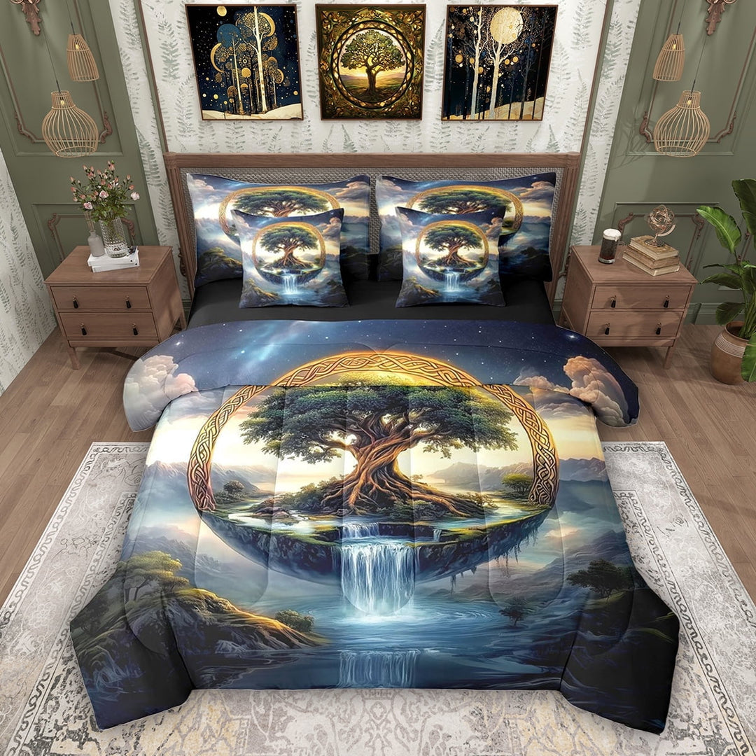 Erosebridal Tree of Life Bedding Comforter Set, Nature Waterfall Full Bedding Set, Black Reversible, 7-Piece