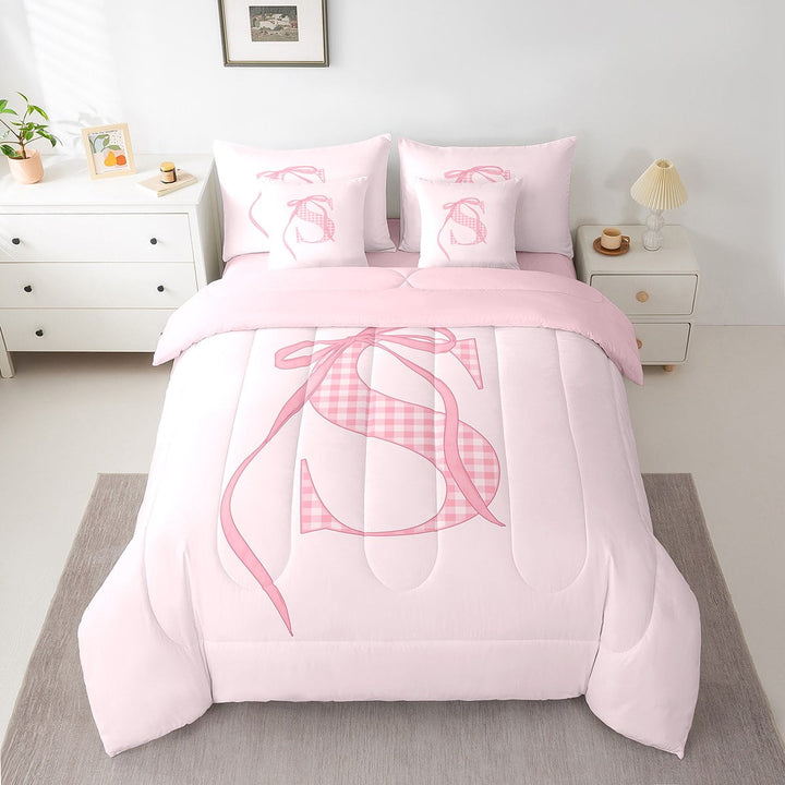 Erosebridal Teens Monogrammed Bedding Sets Twin Size, Initial S Letter Comforter Sets with Sheets, Pink Bowknot Decor, Reversible