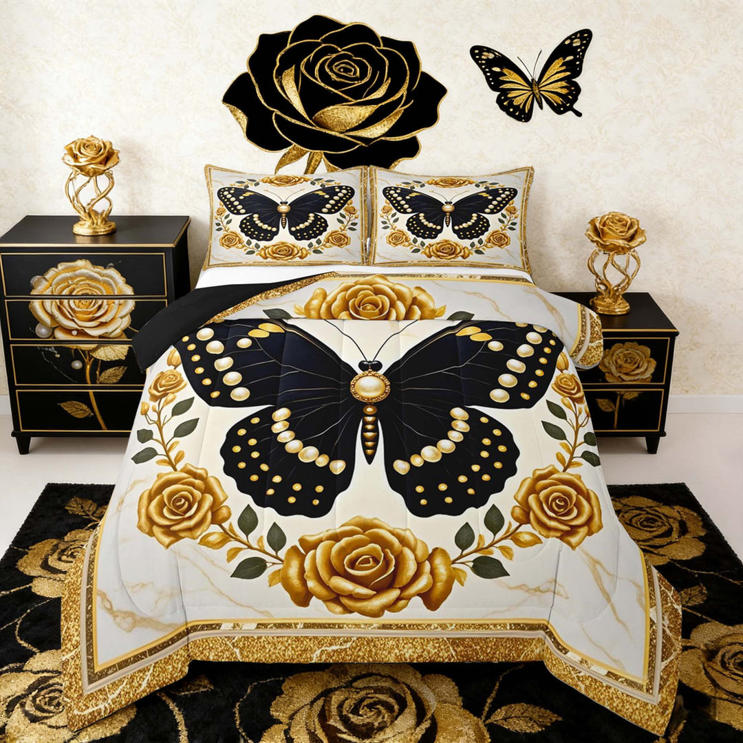 Manfei Black Gold Butterfly Bedding Full Comforter Set, Dreamy Golden Blossoms Down Comforter, Modern Aesthetic Bedding Sets Full with Comforter, Microfiber Bedroom Decorative, 3 Pieces Reversible