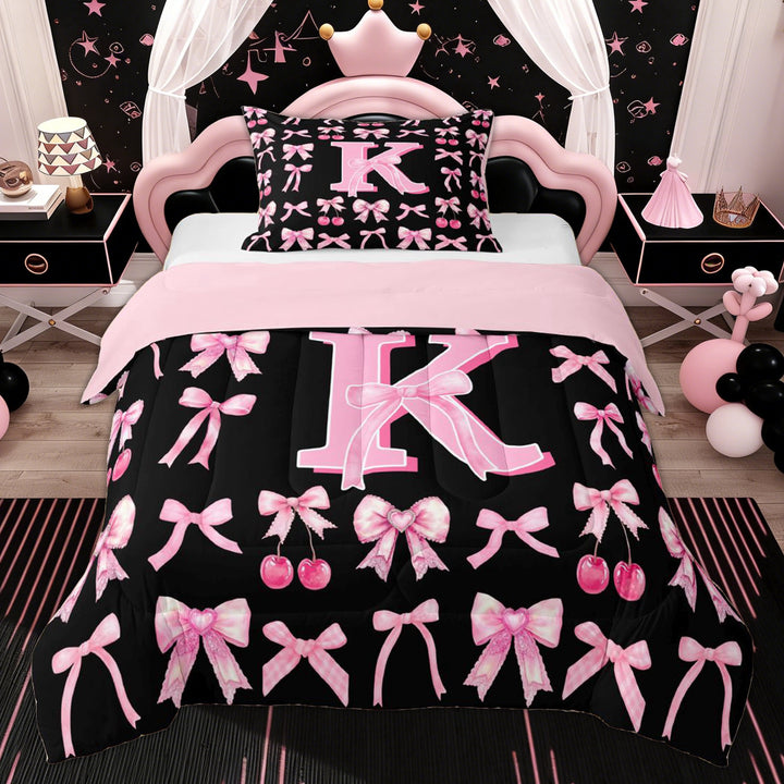 Erosebridal Black Pink Bow Girl Twin Comforter Sets, Ribbon Initial K Bedding Set, 2pcs