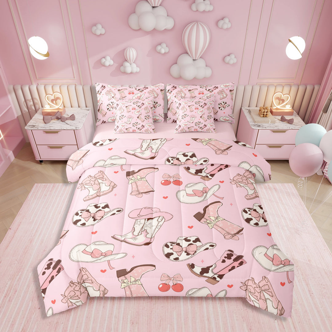 Cowgirl Boots Queen Size Bedding Set Kawaii Pink Bow Tie Sheet Set Rustic Brown Cowhide Comforter 7 Pieces Teens Cute Groovy Flowers Flat Sheet Bedroom Decor