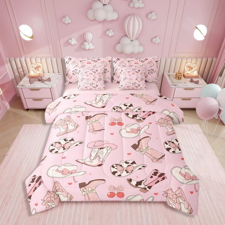 Cowgirl Boots Queen Size Bedding Set Kawaii Pink Bow Tie Sheet Set Rustic Brown Cowhide Comforter 7 Pieces Teens Cute Groovy Flowers Flat Sheet Bedroom Decor