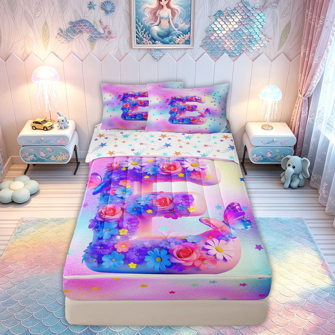 meiyoeat Flower Butterfly E Initial Rainbow Zipper Comforter Set with Fitted Sheet and 2 Pillowcases, Watercolor Galaxy Stars Zipper Bedding Set for Girls, Colorful Star Reversible, 3-Piece