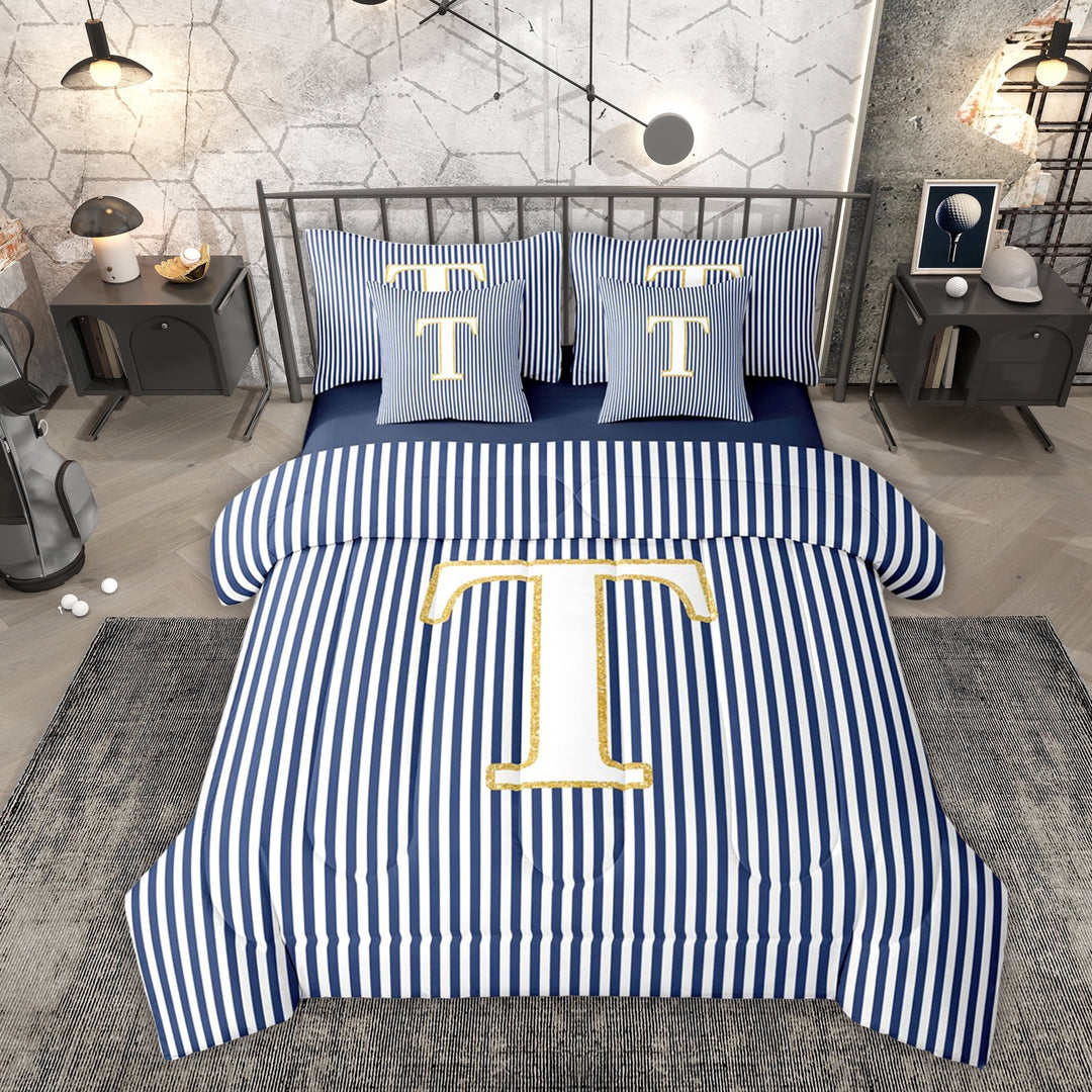 Erosebridal Letter T Kids Twin Bedding Sets 7-Piece, Modern Abstract Bedding Comforter Set, Blue Reversible