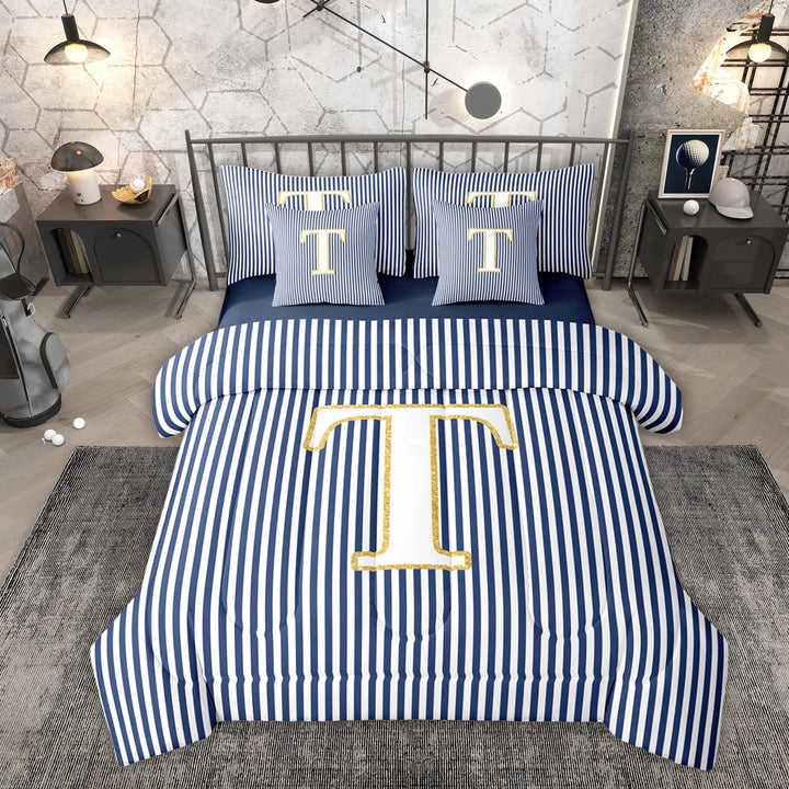 Erosebridal Letter T Kids Twin Bedding Sets 7-Piece, Modern Abstract Bedding Comforter Set, Blue Reversible