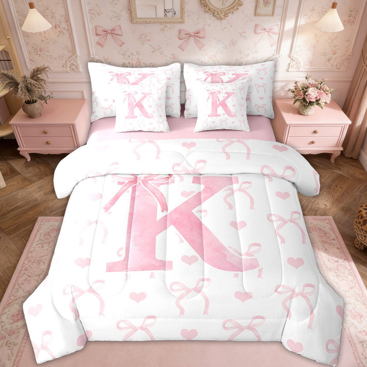 Erosebridal Pink Bow Bedding Twin Size, Initial Letter K Bed in a Bag Twin size, Princess Bowknot Decor, Reversible 7 Pieces