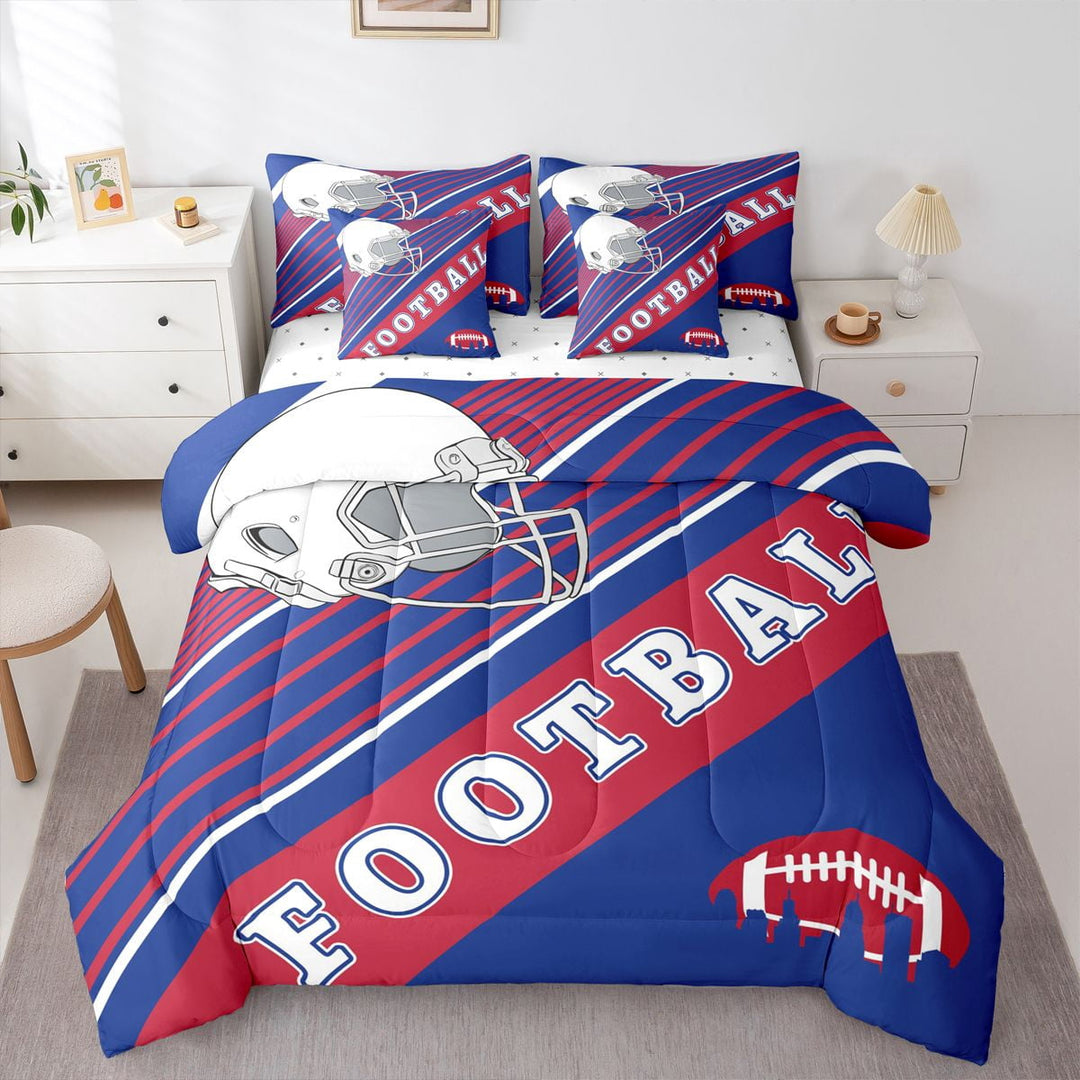 7Pcs American Football City Bedding Set Full Size Bed In A Bag, 3D Sports Bedroom Comforter, 1 Comforter + Flat Sheet + Fitted Sheet + 2 Pillowcases + 2 Throw Pillow Covers, Buffalo