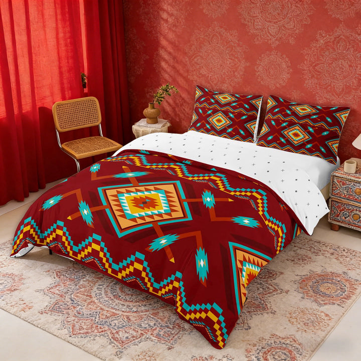 Erosebridal Red Teal Orange Aztec Queen Duvet Cover Set, Hippie Bohemian Geometric Bedding, Reversible 3 Pieces, 1 Duvet Cover and 2 Pillowcases (No Comforter)